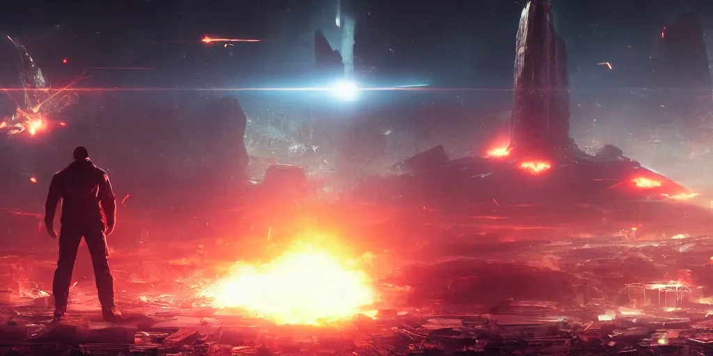 Prompt: a human standing front of a huge towering and broken stone tablet with red light + alien pattern + an abandoned spaceship, stands in the center of a prosperous city at the end of the world, and the power and energy is explode, secret, mysterious, doomsday, landscape, video game control, quantum break, arknights,
