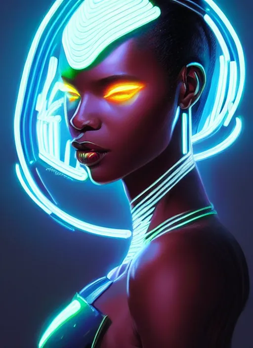 Prompt: portrait of african female humanoid, very intricate, elegant, cyber neon lights, highly detailed, digital illustration, trending in artstation, trending in pinterest, glamor pose, concept art, smooth, sharp focus, art by artgerm and greg rutkowski