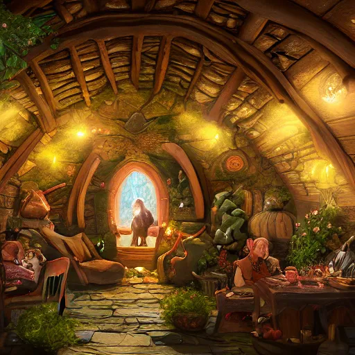 Prompt: a party inside a medieval hobbit house, ornate, beautiful, atmosphere, vibe, flowers, concept art illustration, color page, 4 k, tone mapping, doll, akihiko yoshida, james jean, andrei riabovitchev, marc simonetti, yoshitaka amano, digital illustration, greg rutowski, volumetric lighting, sunbeams, particles