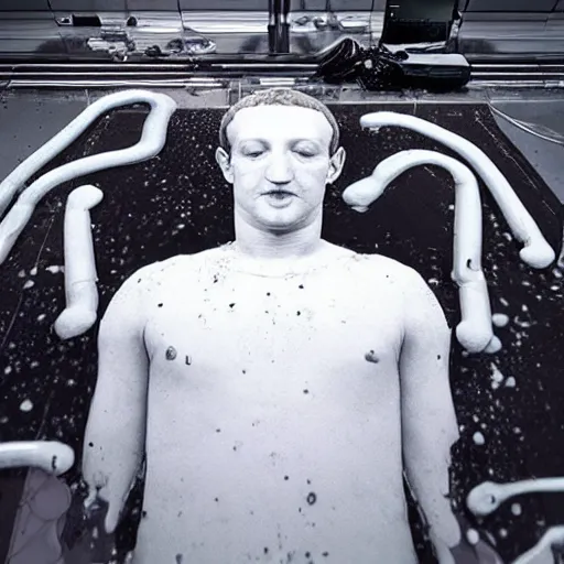 Image similar to a leaking white fluid Mark Zuckerberg cyborg head on the floor. Nostromo Alien movie.