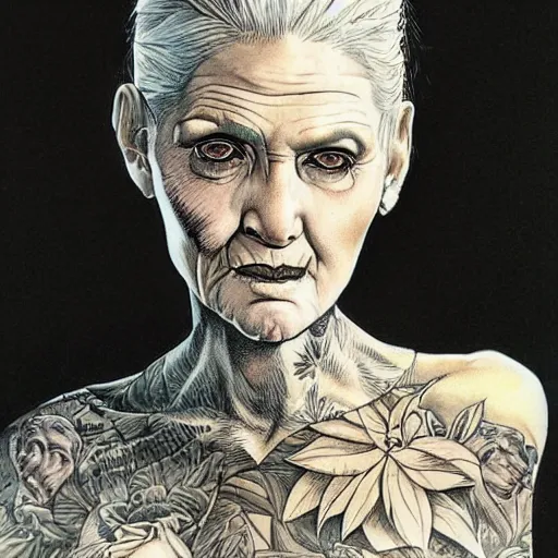 Image similar to a beautiful portrait of a heavily tattooed older woman Travis Charest style