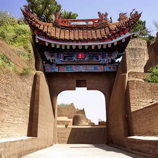 Prompt: a pass with steps to an ancient chinese architectural archway in universe