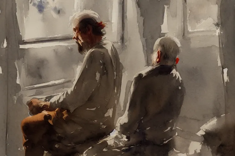 Prompt: small centered on watercolor paper, paint brush strokes, abstract watercolor painting of old man sitting, poor bum, cinematic light, national romanticism by hans dahl, by jesper ejsing, by anders zorn, by greg rutkowski, by greg manchess, by tyler edlin