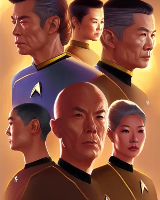 Prompt: star trek but the cast are all chinese, real life skin, intricate, highly detailed, artstation, concept art, smooth, sharp focus, art by artgerm and greg rutkowski
