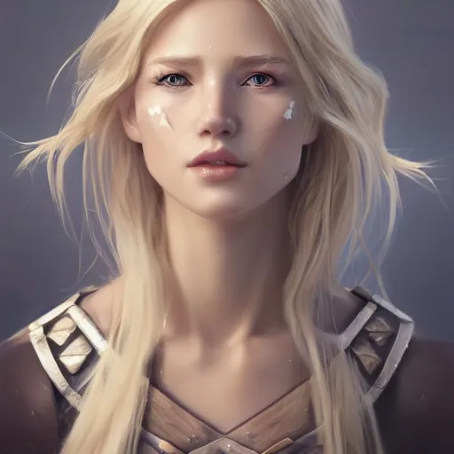 Prompt: epic portrait an beautiful blonde haired viking woman with a nose scar and glossy lips, made by Stanley Artgerm Lau, WLOP, Rossdraws, ArtStation, CGSociety, concept art,g cgsociety, octane render, trending on artstation, artstationHD, artstationHQ, unreal engine, 4k, 8k