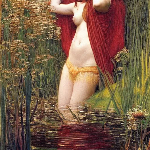 Image similar to breathtaking masterpiece of art, elizabeth eleanor siddall as ophelia floating on the water fully clothed in flowing medieval clothes amongst the reeds by william holman hunt and rosetti, 8 k