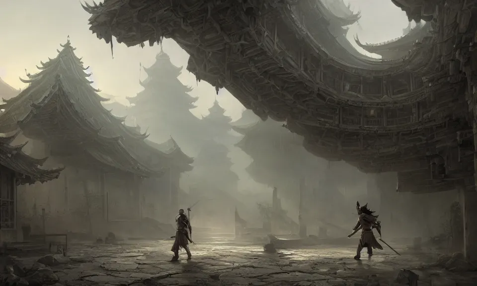 Image similar to Futuristic matte painting of a Spartan warrior walking through an abandoned Chinese village, volumetric light scattering, highly detailed, digital art, Andreas Rocha, Greg Rutkowski, Darek Zabrocki, ArtStation, CGSociety, Unreal Engine, 4K, 8K