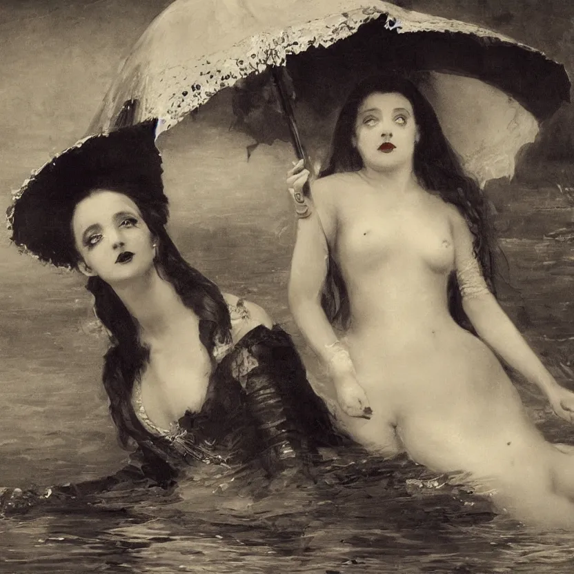 Prompt: portrait of a beautiful and grim vampire queen under a large beach umbrella being splashed by water suddenly by William-Adolphe Bouguerea