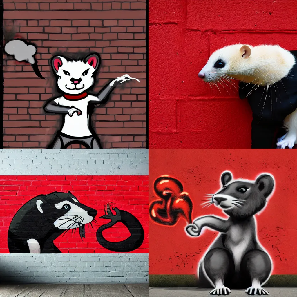 Prompt: furry _ fandom _ fursona ( red - and - black, weasel - ferret - stoat ), wall _ graffiti ( background = smoke )