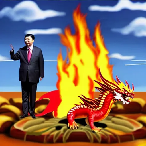 Image similar to Chinese president in epic stance fighting with dragon on flaming mountain, bananas weapon, painting, epic