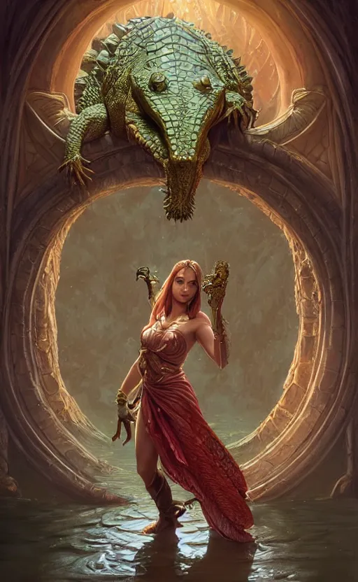 Image similar to crocodile godess in temple portal, reptilian skin, d & d, fantasy, full body portrait, elegant, highly detailed, digital painting, artstation, concept art, matte, sharp focus, illustration, art by artgerm and greg rutkowski and alphonse mucha