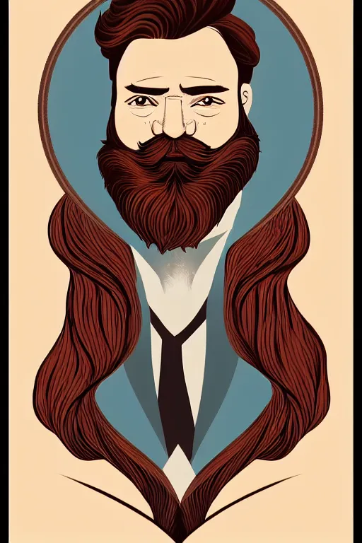 Image similar to an illustration of a portrait of a respectable dignified 3 0 ish pentecostal preacher with kind eyes and red beard and hair in the style of art - deco artwork art by kyle ferrin and loish!, digital art, highly detailed, intricate, sharp focus, trending on artstation hq, deviantart, 4 k uhd image