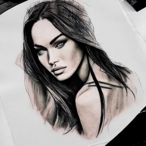 Image similar to realism tattoo sketch of double exposure megan fox with beautiful mountain scenery, in the style of andrey lukovnikov