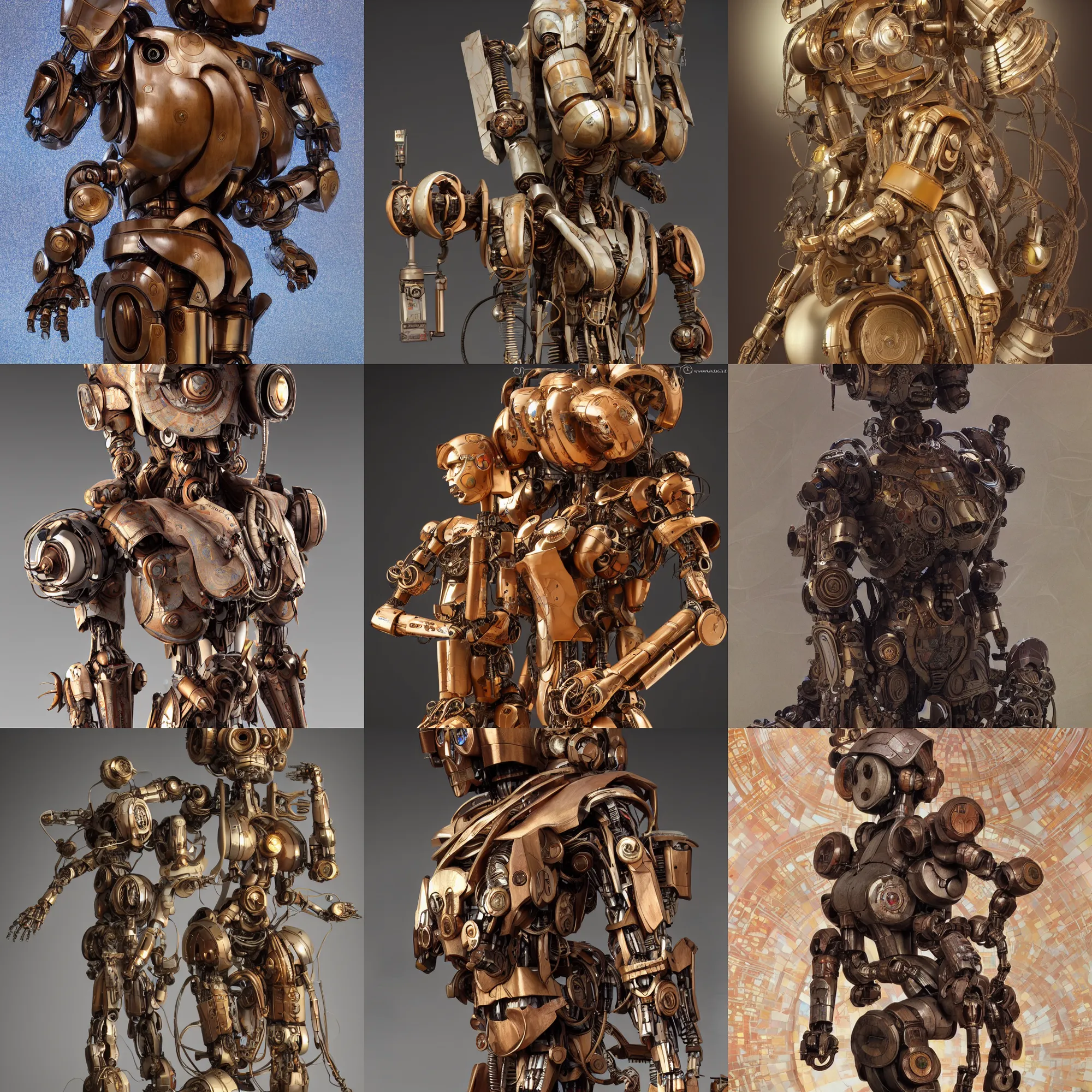 Prompt: octane render ultra photorealistic hyper detailed, a very very sculpture cute wooden and ceramic mystical statue robot of the roman organique cyberpunk a contemporary art gallery in neo tokyo artwork alphonse mucha and wlop and chamberlain john