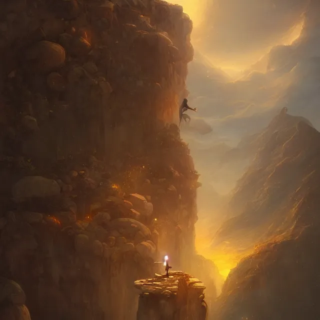 Image similar to in the style of peter mohrbacher, a glowing monk floating and meditating on a rock, dystopian landscape, intricate, masterpiece, award winning, fantasy, hyperrealism intricate