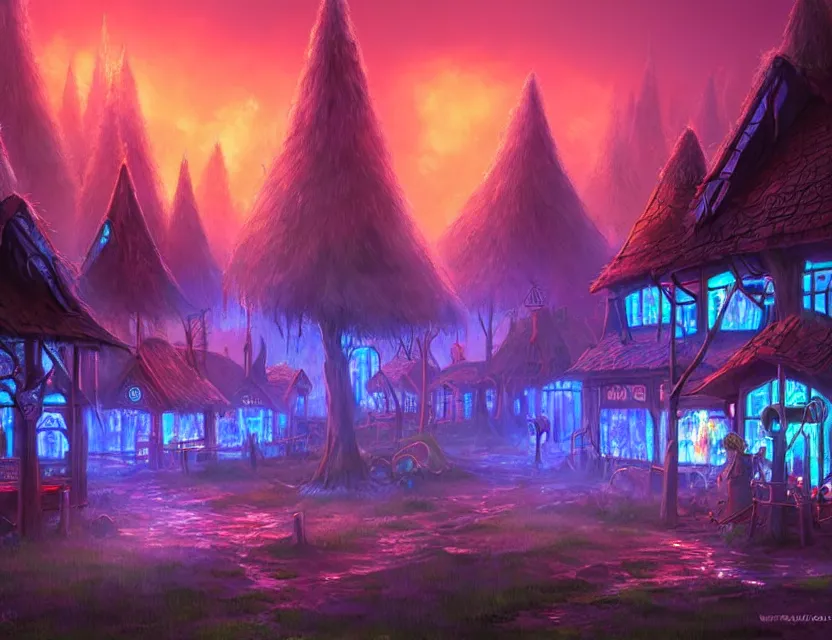 Prompt: elven village with neon signs at a mire. this air brush painting by the award - winning anime artist has an interesting color scheme, plenty of details and impeccable lighting.