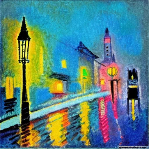 Image similar to streetlamp, rainy, night, kandinsky, impressionist, pastel, high contrast