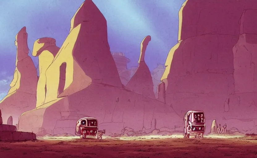 Image similar to a cell - shaded studio ghibli concept art from paprika ( 2 0 0 6 ) of a multi - colored spaceship from close encounters of the third kind ( 1 9 7 7 ) in a flooded monument valley temple stonehenge jungle. a caravan is in the foreground. very dull colors, portal, hd, 4 k, hq