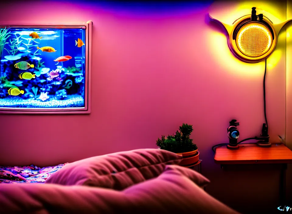 Image similar to telephoto 7 0 mm f / 2. 8 iso 2 0 0 photograph depicting the feeling of chrysalism in a cosy cluttered french sci - fi ( art nouveau ) cyberpunk apartment in a pastel dreamstate art cinema style. ( aquarium, computer screens, window ( city ), leds, lamp, ( ( ( aquarium bed ) ) ) ), ambient light.