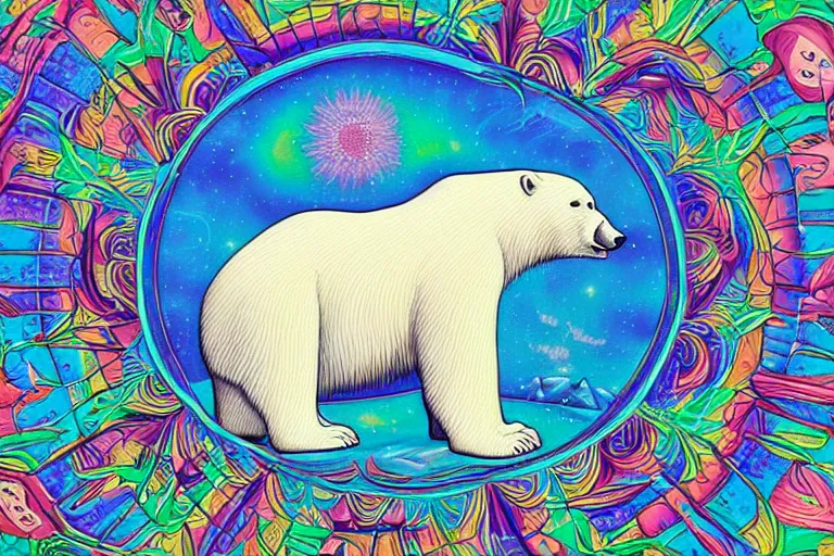 Image similar to a relaxed polar bear looking to the sky by lisa frank, alex grey, flooko, acrylic, digital art, painting,