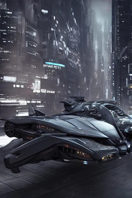 the batmobile driving through a futuristic city. view Stable