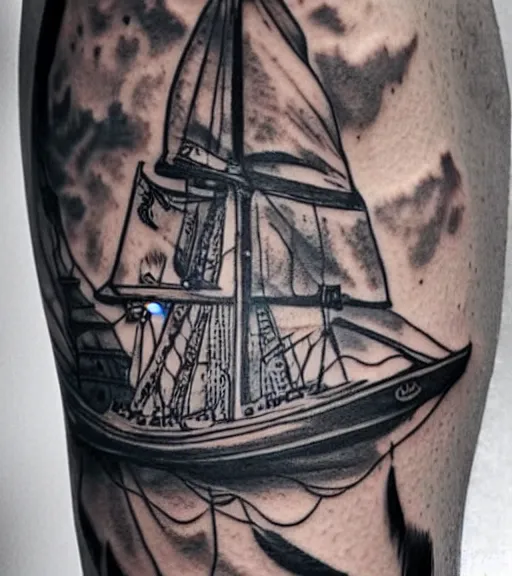 Image similar to A realistic tattoo design of a magical pirate ship on white paper, realism tattoo design, highly detailed tattoo, shaded tattoo, hyper realistic tattoo