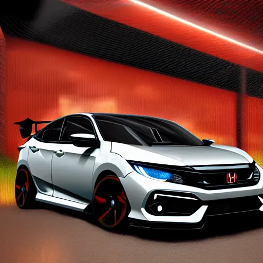 Image similar to incredible digital painting of a honda civic, black, mk 1 0 license plate, stealth, night mode, spoiler, lights, custom exhaust, wing mirrors, carbon fibre, valance splitter, sports, wheel spacers, japanese, power, sleek, electric, petrol, high detail, 8 k resolution