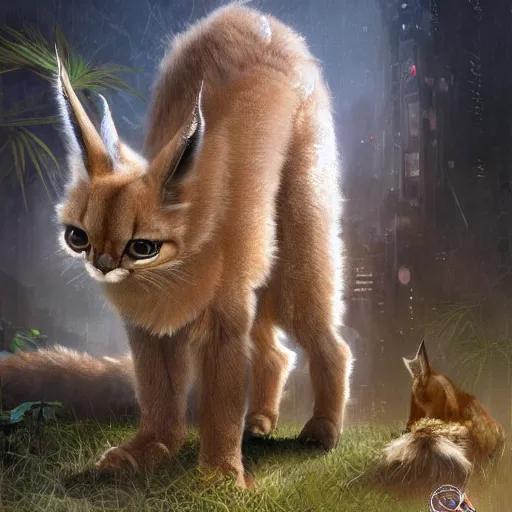 Image similar to intricate drawing of a cute fluffy caracal, cambodian fashion, cyberpunk ornaments, thin strands, porcelain skin, greg rutkowski, james gurney, john berkey, hyperrealistic, backlit