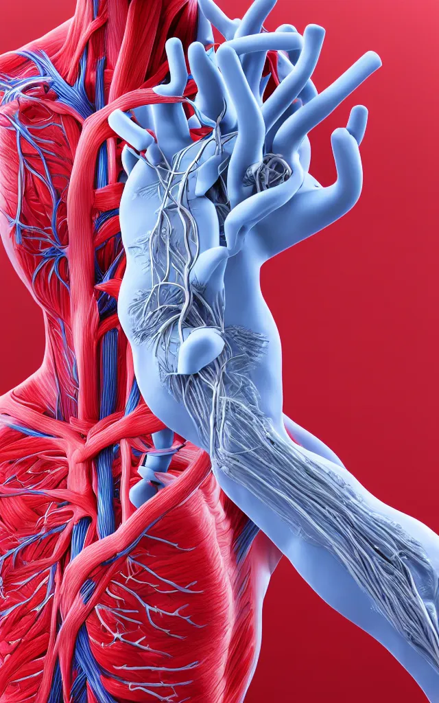 Prompt: intricated scientific medical 3d animation of the muscles and veins of a human with a heart in their hands photography 3d octane render