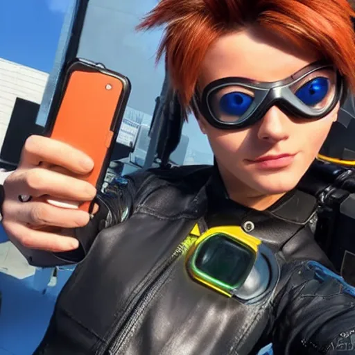 Prompt: tracer from overwatch wearing googles smartphone selfie