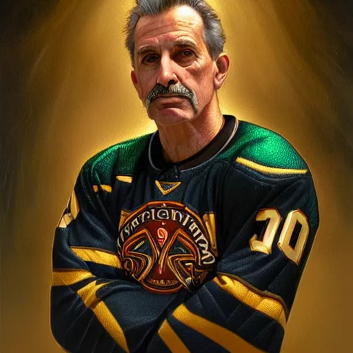 Prompt: 2005 portrait of hockey coach Lou Vairo, fantasy, intricate, elegant, highly detailed, digital painting, artstation, concept art, smooth, sharp focus, luxury fashion illustration, art by artgerm and greg rutkowski and alphonse mucha, brightly lit cinematic soft lighting, photorealistic