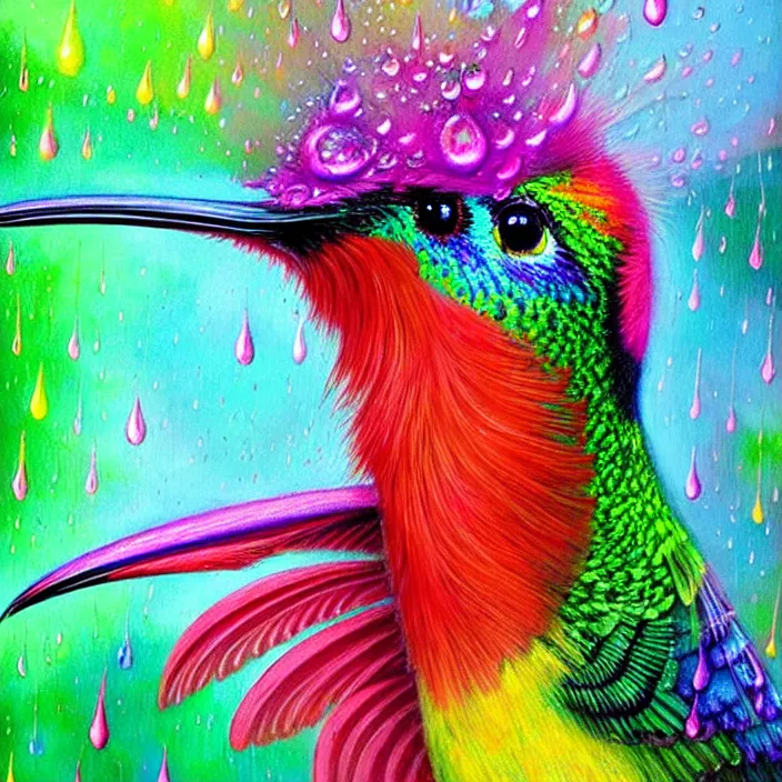 Image similar to bright psychedelic hummingbirds with rain on face and wet hair, wings, smiling, diffuse lighting, fantasy, intricate, elegant, highly detailed, lifelike, photorealistic, digital painting, artstation, illustration, concept art, smooth, sharp focus, art by John Collier and Albert Aublet and Krenz Cushart and Artem Demura and Alphonse Mucha
