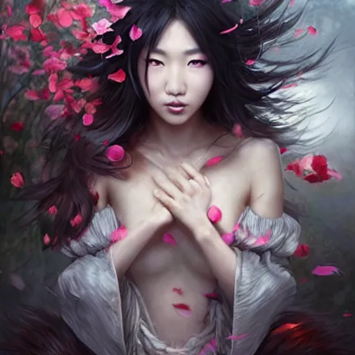 Image similar to very very very beautiful asian girl turning into a ferocious werewolf, large teeth, falling flower petals, epic digital painting, art by wlop and raymond swanland and chie yoshii, extreme detail