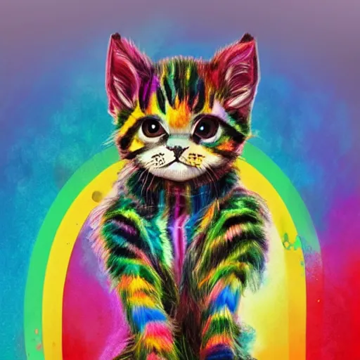 Image similar to wide angle full body, jacket wearing fluffy cute rainbow kitten wearing a black leather motorcycle jacket, cinematic concept art