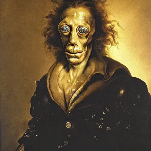 Image similar to oil painting with black background by christian rex van minnen rachel ruysch dali todd schorr of a chiaroscuro portrait of an extremely bizarre disturbing mutated man with acne intense chiaroscuro cast shadows obscuring features dramatic lighting perfect composition masterpiece