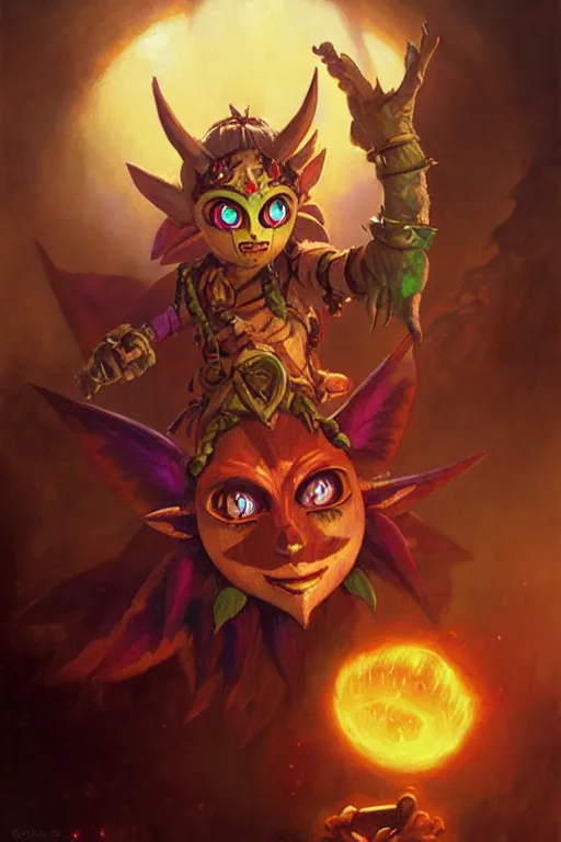 Image similar to majora's mask as a magic the gathering card portrait dnd, painting by gaston bussiere, craig mullins, greg rutkowski, yoji shinkawa