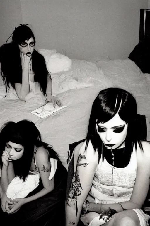 Image similar to sad goths in a dirty hotel room using computers, 1990s photograph