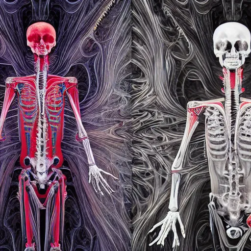 Prompt: long shot human robot made out of bones blood nerves cortex anatomical render in the style of alex grey hr giger grays anatomy, with an ornate fractal field background featuring psychedelic eyes