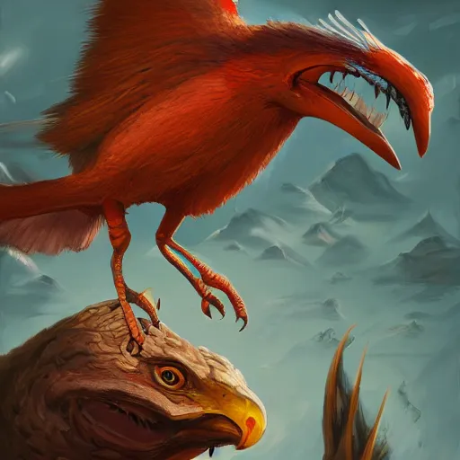 Prompt: giant bird with sharp teeth, oil painting, ultradetailed, artstation, ultradetailed, digital painting, ultradetailed