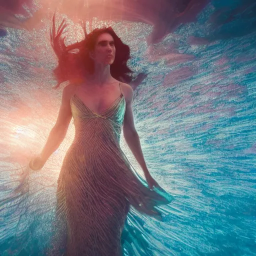 Prompt: jennifer connelly dancing underwater wearing a long flowing dress made of many layers of gold and silver wire, coral sea bottom, swirling schools of silver fish, swirling smoke shapes, octane render, caustics lighting from above, cinematic, hyperdetailed