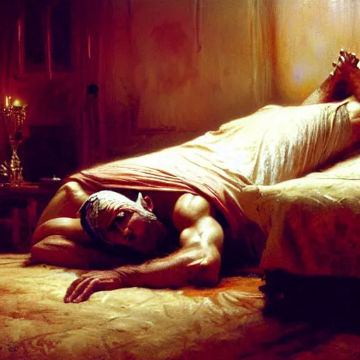 Image similar to the pope laying down in his bed, terrified, because a double horned shadow demon is in the bedroom, approaching his bed. highly detailed painting by gaston bussiere, greg rutkowski, craig mullins 8 k