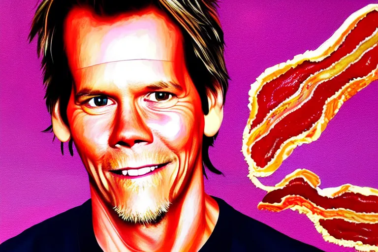 Image similar to a painting of! kevin bacon! made of bacon rashers, 8 k, cinematic, movie still