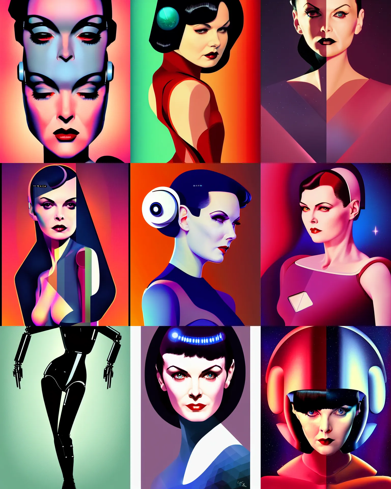 Image similar to android sherilyn fenn fused with mary louise brooks 2 2 years old space woman, half robot and half woman, retro futurism, solaris, half portrait by stanley artgerm, dramatic lighting, ilya kuvshinov, trending on artstation, flat colour, geometric curves, gradient filter, pleasing tone colours