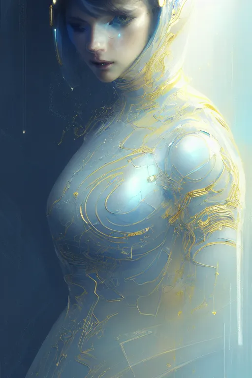 Image similar to detailed portrait glam cyber noun, attractive feminine curves, intricate, scifi, futuristic, elegant cape, elegant, alien room background, white, blue, gold, photorealism, intricate line drawings, by craig mullins, ruan jia, kentaro miura, greg rutkowski, loundraw