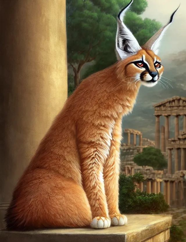 Image similar to cute fluffy caracal in a ancient greek city, wearing laurel wreath as hat chaplet on head | | cute, key visual, realistic shaded perfect face, fine details by stanley artgerm lau, wlop, rossdraws, james jean, andrei riabovitchev, marc simonetti, and sakimichan, trending on artstation