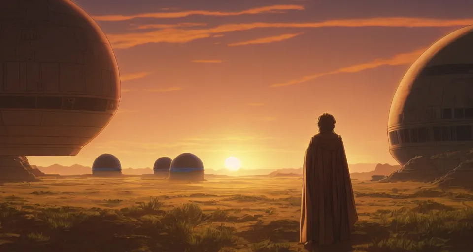 Image similar to beautiful wide shot tatooine landscape, Luke skywalker sunset, dome, Star Wars a new hope 1977, studio ghibli, Miyazaki, Greg rutkowski, Alphonse mucha, Moebius , animation, golden hour, highly detailed, hdr, vivid color, 70mm