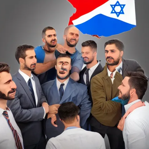 Prompt: a group of men holding another man's nose, his nose is 3 meters wide, super realistic, in the background is the israeli flag, very detailed.