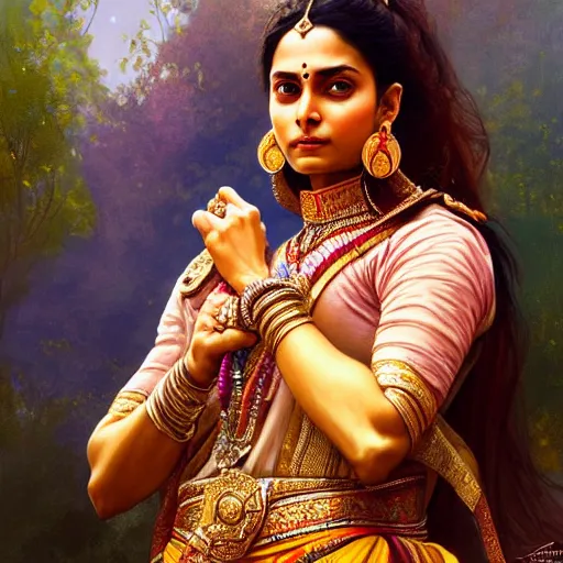 Image similar to beautiful portrait of rani laxmi bai, real life photo, natural beauty expressive pose, fantasy, intricate, elegant, highly detailed, digital painting, artstation, concept art, smooth, sharp focus, illustration, art by artgerm and greg rutkowski and alphonse mucha