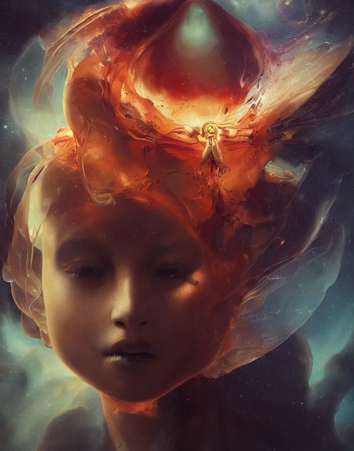 Prompt: Liminal space in outer space by Roberto Ferri. beautiful princess. human skull jellyfish butterfly phoenix head. burning water. intricate artwork by Tooth Wu and wlop and beeple and dan mumford and greg rutkowski. halo. octane render, cinematic, hyper realism, octane render, 8k, depth of field, bokeh. iridescent accents