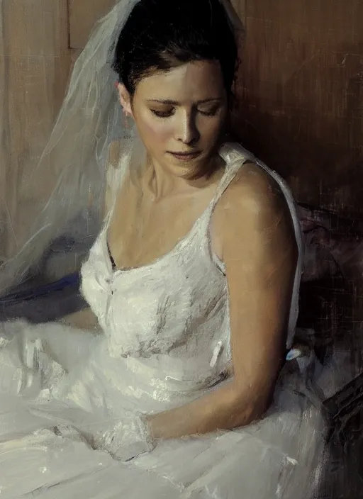 Image similar to portrait painting of a woman posing in an artistic over a bed, white victorian wedding dress by jeremy mann, only one head single portrait